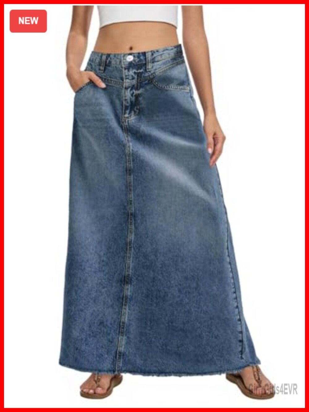 Fisoew Vintage Denim Maxi Skirt High Waist A-Line Frayed Hem with Pockets